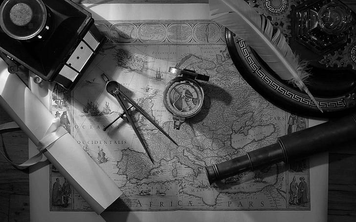 Explorer's Tools, pencil, black, feather, letter, tools, chart, spyglass, compass, exploring, still life, 3d and abs, HD wallpaper