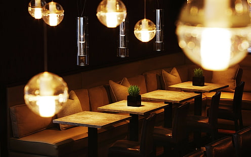 restaurant, cafes, urban, city, interior design, lights, table, couch, plants, interior, HD wallpaper HD wallpaper