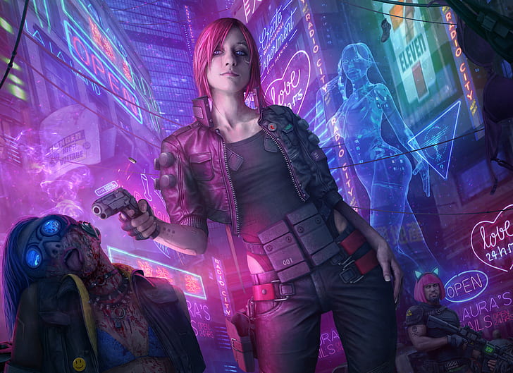 gadis, malam, pistol, fiksi, jalan, seni, cyberpunk 2077, Wallpaper HD