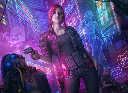 สาว, กลางคืน, ปืน, นิยาย, สตรีท, ศิลปะ, cyberpunk 2077, วอลล์เปเปอร์ HD HD wallpaper