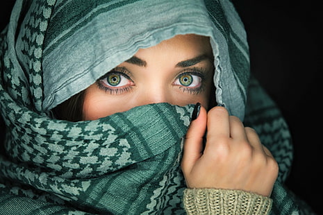 Женщины, глаза, лицо, девушка, зеленые глаза, шарф, женщина, HD обои HD wallpaper