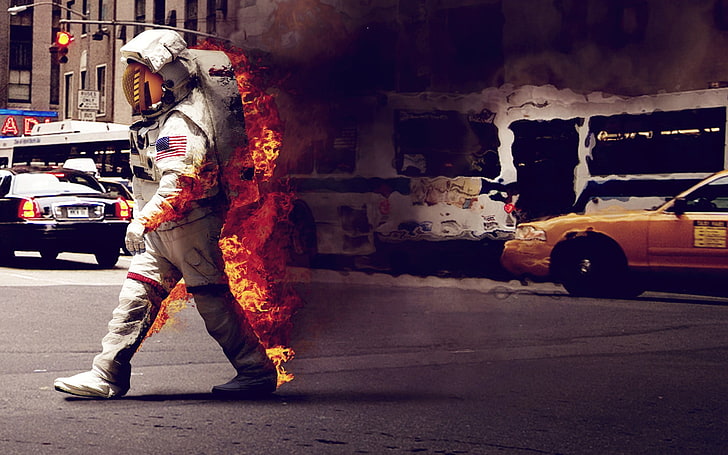 white astronaut suit, astronaut, fire, humor, spacesuit, dark, USA, smoke, traffic, road, city, burning, digital art, street, burn, spaceman, space suit, NASA, space, New York City, Jack Crossing, HD wallpaper