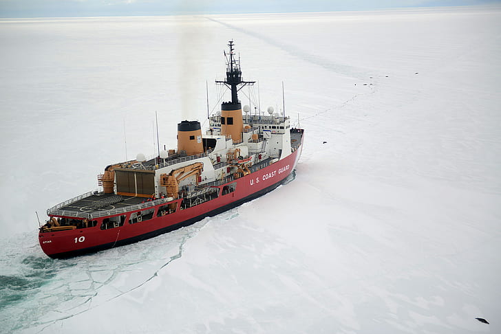 Antarctique, brise-glaces, navire, glace, neige, froid, vue plongeante, garde-côtes, garde-côtes, Fond d'écran HD