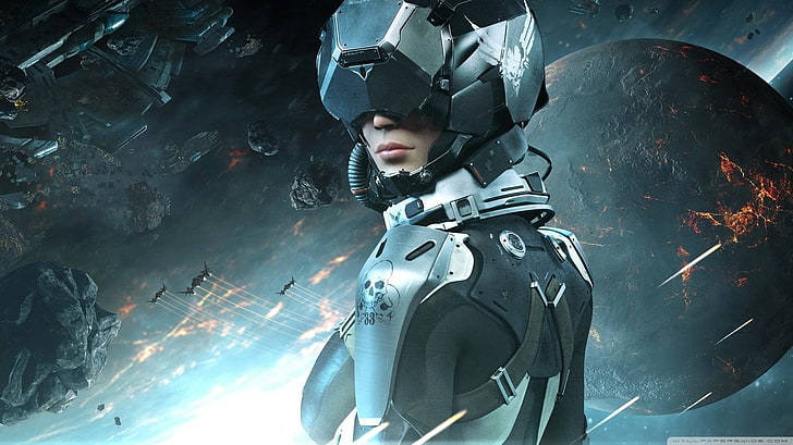 игра цифровые обои, Eve: Valkyrie, научная фантастика, видеоигры, шлем, цифровое искусство, футуристический, HD обои