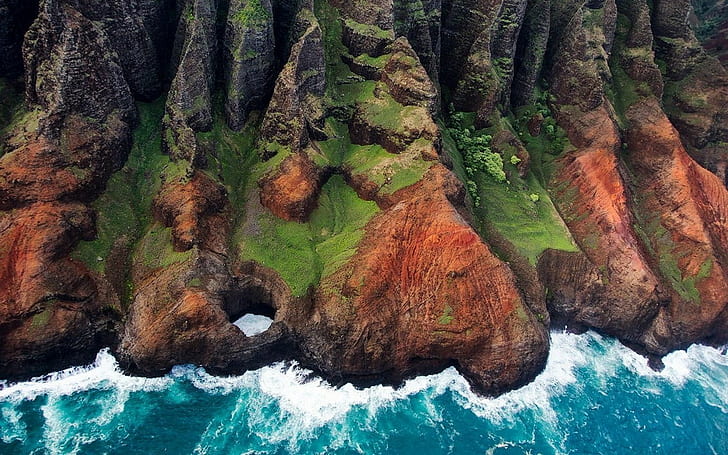 природа пейзаж Кауаи аэрофотоснимок гора остров побережье море скала трава скала, HD обои