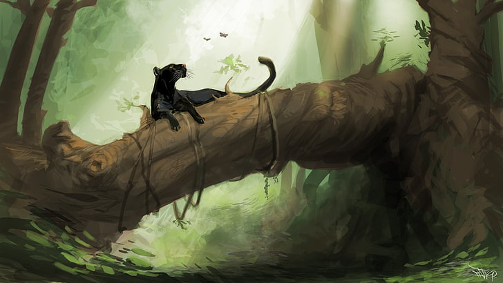 czarna pantera na kłodzie malowanie, las, motyl, pantera, dżungla, czarny, Bagira, Tapety HD