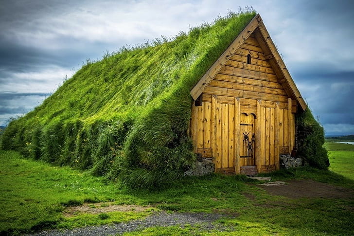 Island, träplankor, hus, grå, fält, landskap, moln, HD tapet