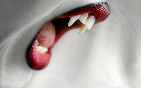 wanita, bibir, lipstik merah, gigi, mulut terbuka, vampir, Wallpaper HD HD wallpaper