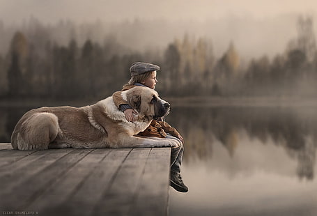Fotografie, Tiere, Hund, Kinder, See, HD-Hintergrundbild HD wallpaper