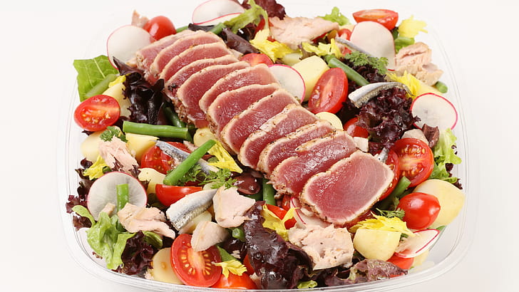 salad, food, tuna, fish, tomatoes, radish, lettuce, beans, seafood, HD wallpaper