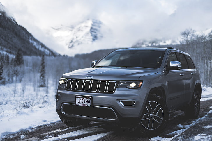 Jeep Grand Cherokee gris, auto, suv, neige, vue côté, Fond d'écran HD
