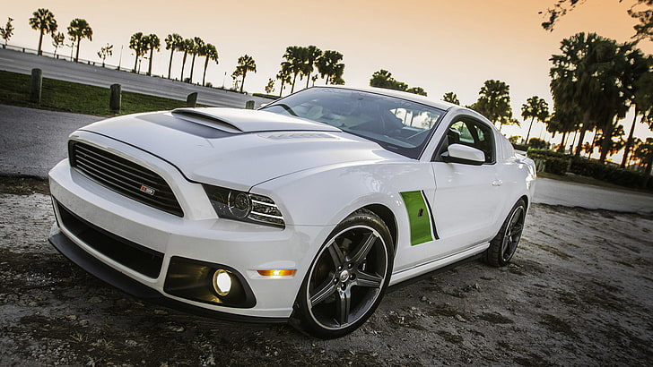 5th gen. white Ford Mustang coupe, white, Ford, mustang, drives, muscle car, roush, green stripes, rs3, oil CT, HD wallpaper