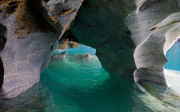 nature, landscape, cave, Chile, lake, turquoise, water, marble, cathedral, erosion, HD wallpaper