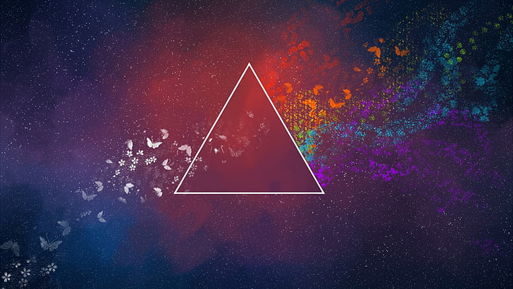 illustrazione multicolore con triangolo, astratto, triangolo, fiori, Pink Floyd, The Dark Side of the Moon, colorato, farfalla, arte digitale, Sfondo HD