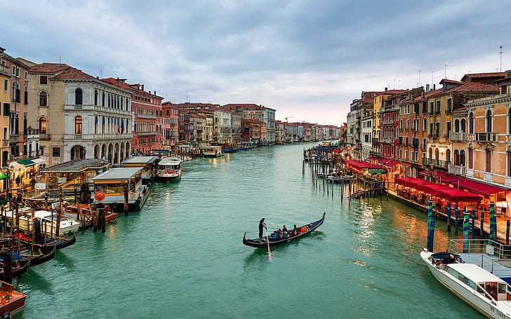 Włochy, Wenecja, Canal Grande, łodzie, domy, morze, niebo, Włochy, Wenecja, kanał, Grande, łodzie, domy, morze, niebo, Tapety HD