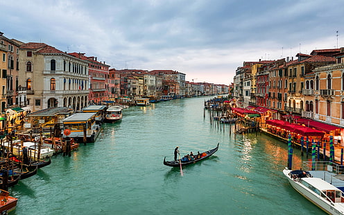 Italy, Venezia, Canal Grande, boats, houses, sea, sky, Italy, Venezia, Canal, Grande, Boats, Houses, Sea, Sky, HD wallpaper HD wallpaper