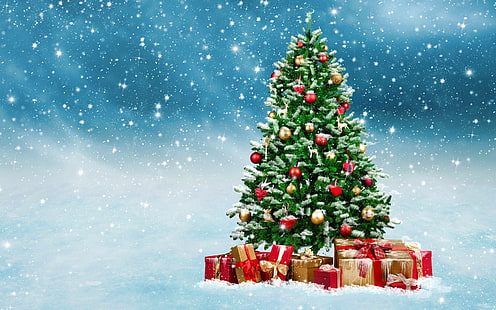 Christmas tree, green christmass illustration, snow, winter, balloons, toys, Christmas, decoration, gifts, Merry, Christmas tree, HD wallpaper HD wallpaper