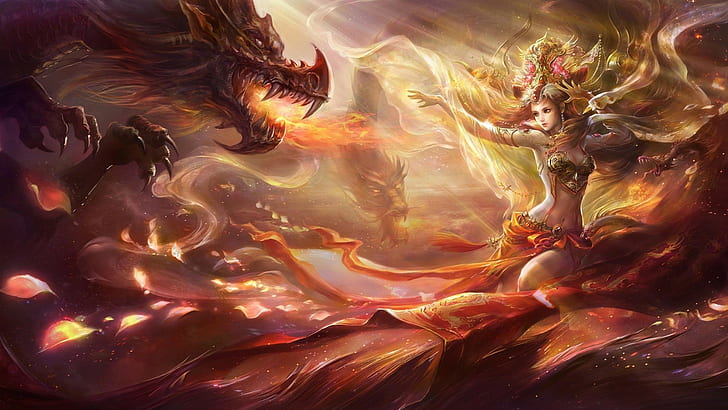 два дракона и жена илюстрация, фентъзи изкуство, дракон, HD тапет
