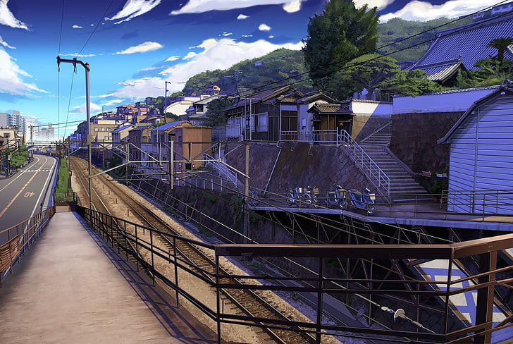 pegangan tangan baja coklat, anime, lanskap, kereta api, kota, Wallpaper HD