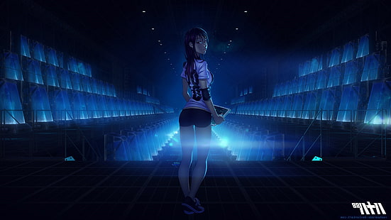 anime girls oryginalne postacie anime kosmiczny statek kosmiczny futurystyczny vashperado patrząc wstecz spodenki świecące 88 dziewczyna, Tapety HD HD wallpaper