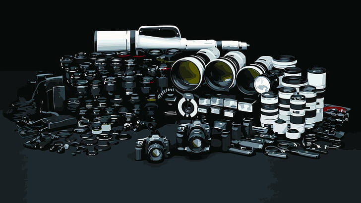 Painted Canon Gear HD, camera lot, canon, dslr, flash, gear, lenses, painting, strobe, HD wallpaper