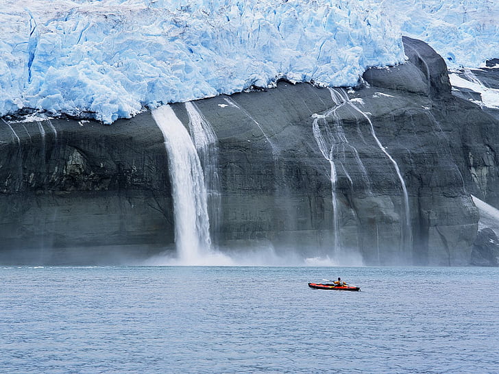 Eis-Wasserfall-Kajak-Ozean HD, Natur, Ozean, Wasserfall, Eis, Kajak, HD-Hintergrundbild