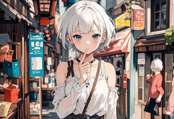 short hair, anime girls, stores, HD wallpaper