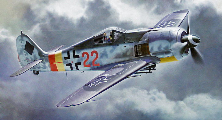 gray and blue biplane illustration, war, art, painting, aviation, ww2, focke wulf fw 190 A-9, HD wallpaper