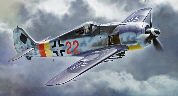 graue und blaue doppeldecker illustration, krieg, kunst, malerei, luftfahrt, ww2, focke wulf fw 190 A-9, HD-Hintergrundbild HD wallpaper