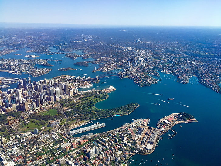 foto udara dari bangunan beton di dekat badan air, Australia, Sydney, pemandangan udara, kota, lanskap kota, laut, Wallpaper HD