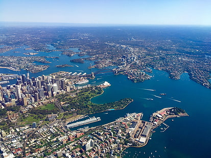 photographie aérienne de bâtiments en béton près de l'étendue d'eau, Australie, Sydney, vue aérienne, ville, paysage urbain, mer, Fond d'écran HD HD wallpaper