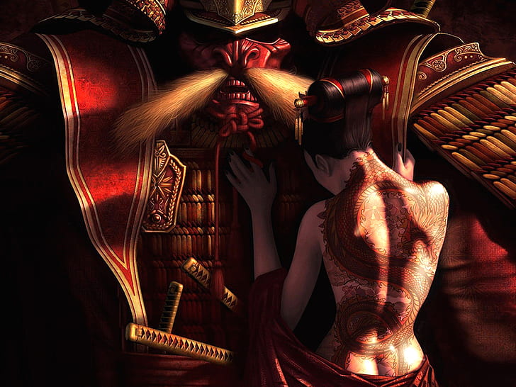 Samuray HD, ejderha dövmeli kız, fantezi, samuray, HD masaüstü duvar kağıdı