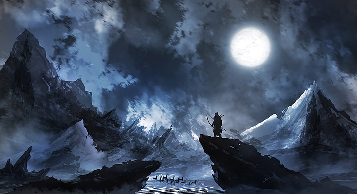 sylwetka człowieka trzymającego łuk plakat z gry, sztuka fantasy, noc, księżyc, myśliwy, śnieg, Tapety HD