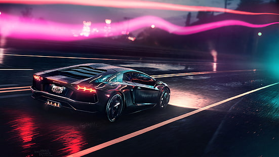 Lamborghini Aventador, Lamborghini, ulaşım, Araç, Çevre, Işıklar, neon, Neon ışıkları, rötuş, gri, Yan görünüm, gece, atmosfer, Mikhail Sharov, Retrowave, HD masaüstü duvar kağıdı HD wallpaper