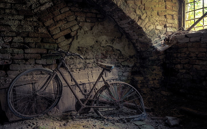 bicicleta de carretera negra y gris, abandonada, bicicleta, ruina, Fondo de pantalla HD
