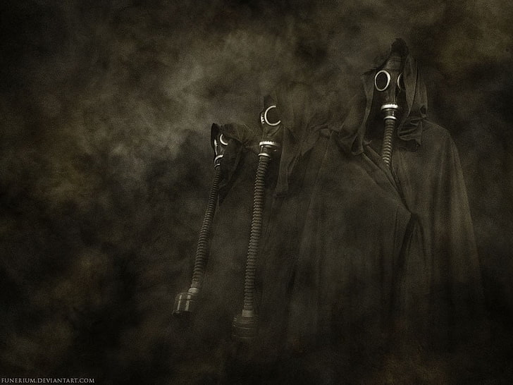 black leather zip-up jacket, gas masks, dark, artwork, HD wallpaper