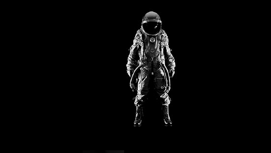 foto em tons de cinza de pessoa vestindo traje de astronauta, astronauta, HD papel de parede HD wallpaper
