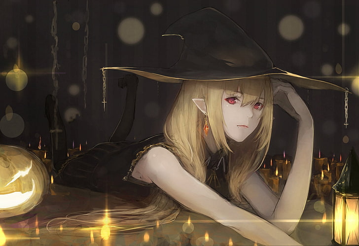 Anime, Original, Blonde, Girl, Halloween, Latern, Pointed Ears, Pumpkin, Red Eyes, Witch Hat, HD wallpaper