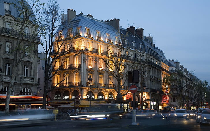 ville, Paris, France, bâtiment, flou de mouvement, voiture, rue, Fond d'écran HD