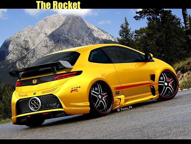 жълт Honda спортно купе дигитален тапет, кола, спортен автомобил, тунинг, цифрово изкуство, Honda, HD тапет