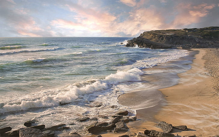Pastel Shore, shore, waves, pink, coast, nature and landscapes, HD wallpaper
