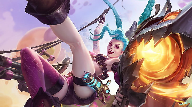 female holding pistol and rope illustration, League of Legend Jinx digital wallpaper, League of Legends, Jinx (League of Legends), gun, HD wallpaper