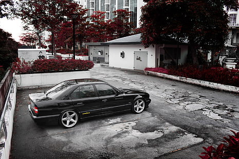 черен седан, машина, BMW, двор, e34, HD тапет HD wallpaper