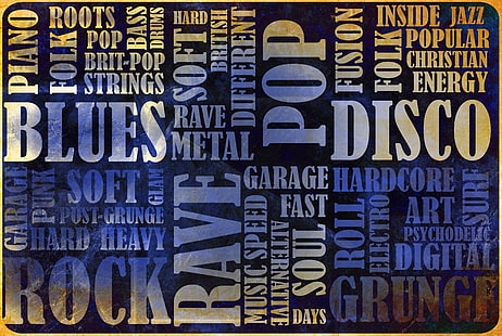 blå och brun bakgrund med textöverlägg, musik, rock, blues, vintage, grunge, disco, folkmusik, genrer, rok, rave, glam, HD tapet HD wallpaper