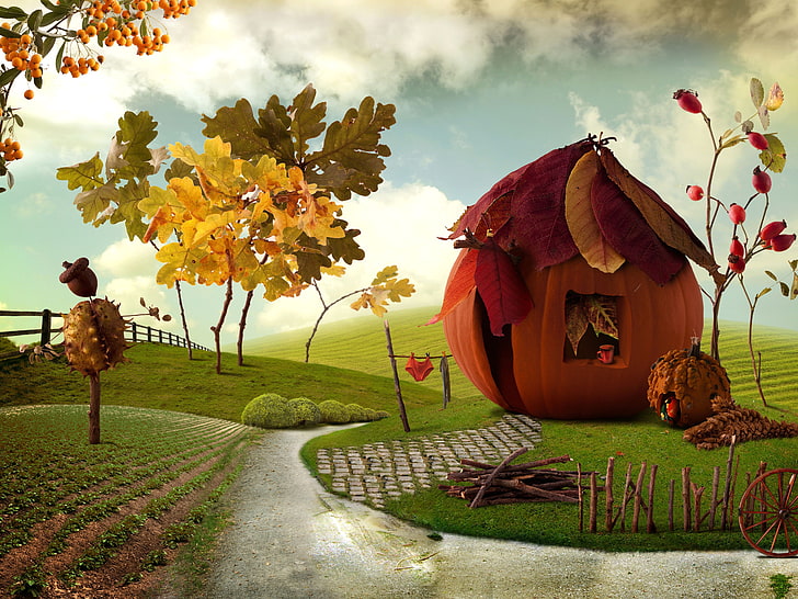 orange pumpkin house illustration, autumn, leaves, landscape, berries, bright, field, fence, village, art, track, pumpkin, house, green, acorn, chalet, Pumpkin house, HD wallpaper