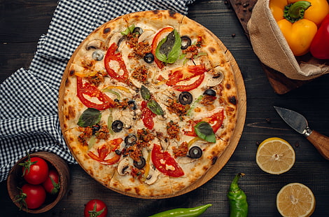 Еда, пицца, натюрморт, помидор, HD обои HD wallpaper