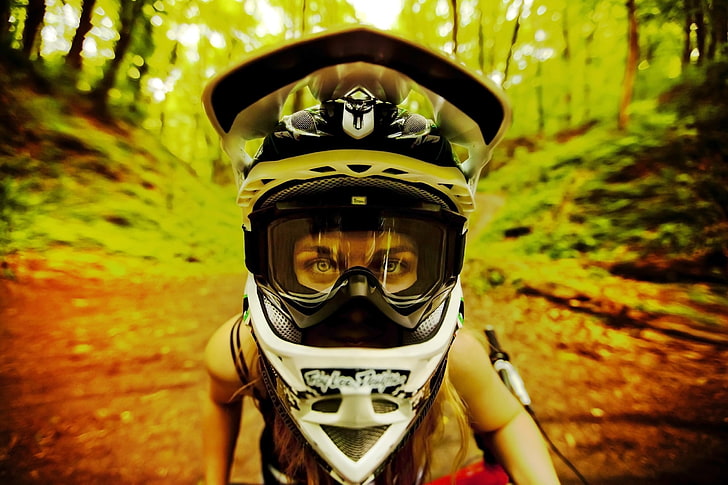 white and black motocross helmet, motorcycle, helmet, motion blur, women outdoors, women, HD wallpaper