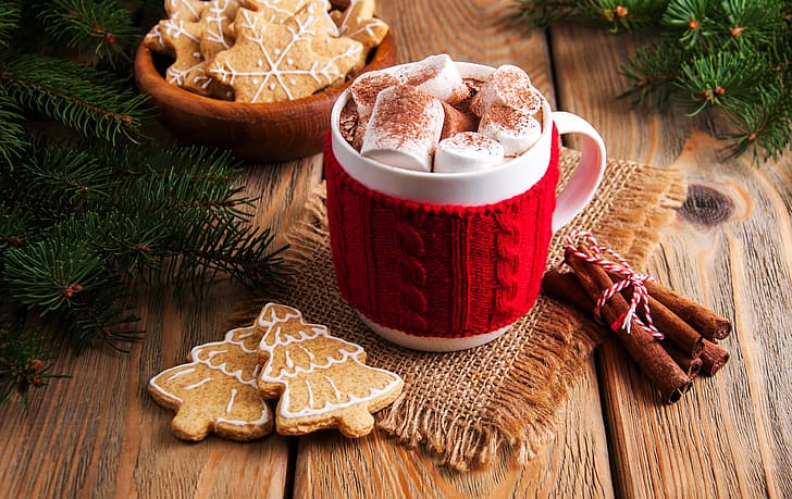 dekoracja, Nowy Rok, Boże Narodzenie, drewno, Puchar, wesoły, kakao, ciasteczka, piernik, jodła, gorąca czekolada, prawoślaz, gałęzie jodły, pianki, Tapety HD