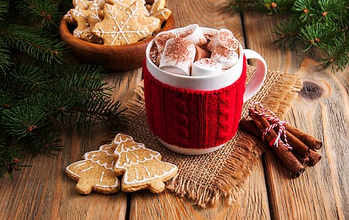 dekoration, nyår, jul, trä, kopp, glad, kakao, kakor, pepparkakor, gran, varm choklad, marshmallow, grangrenar, marshmallows, HD tapet HD wallpaper
