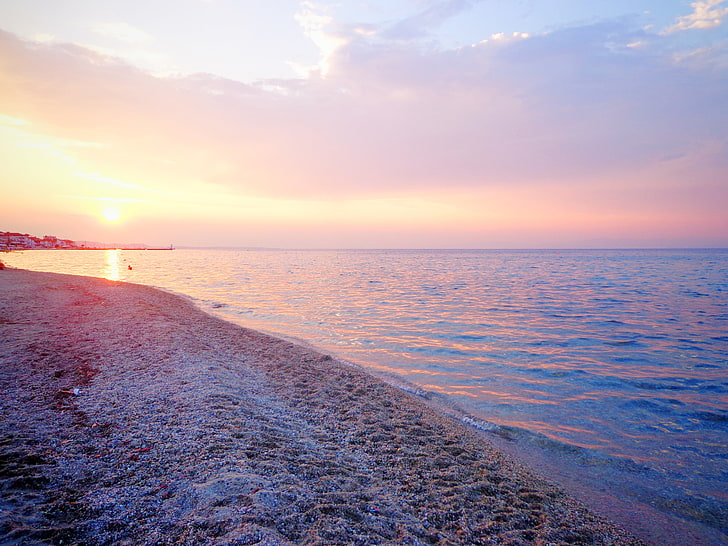 étendue d'eau calme, grèce, mer, plage, coucher de soleil, Fond d'écran HD